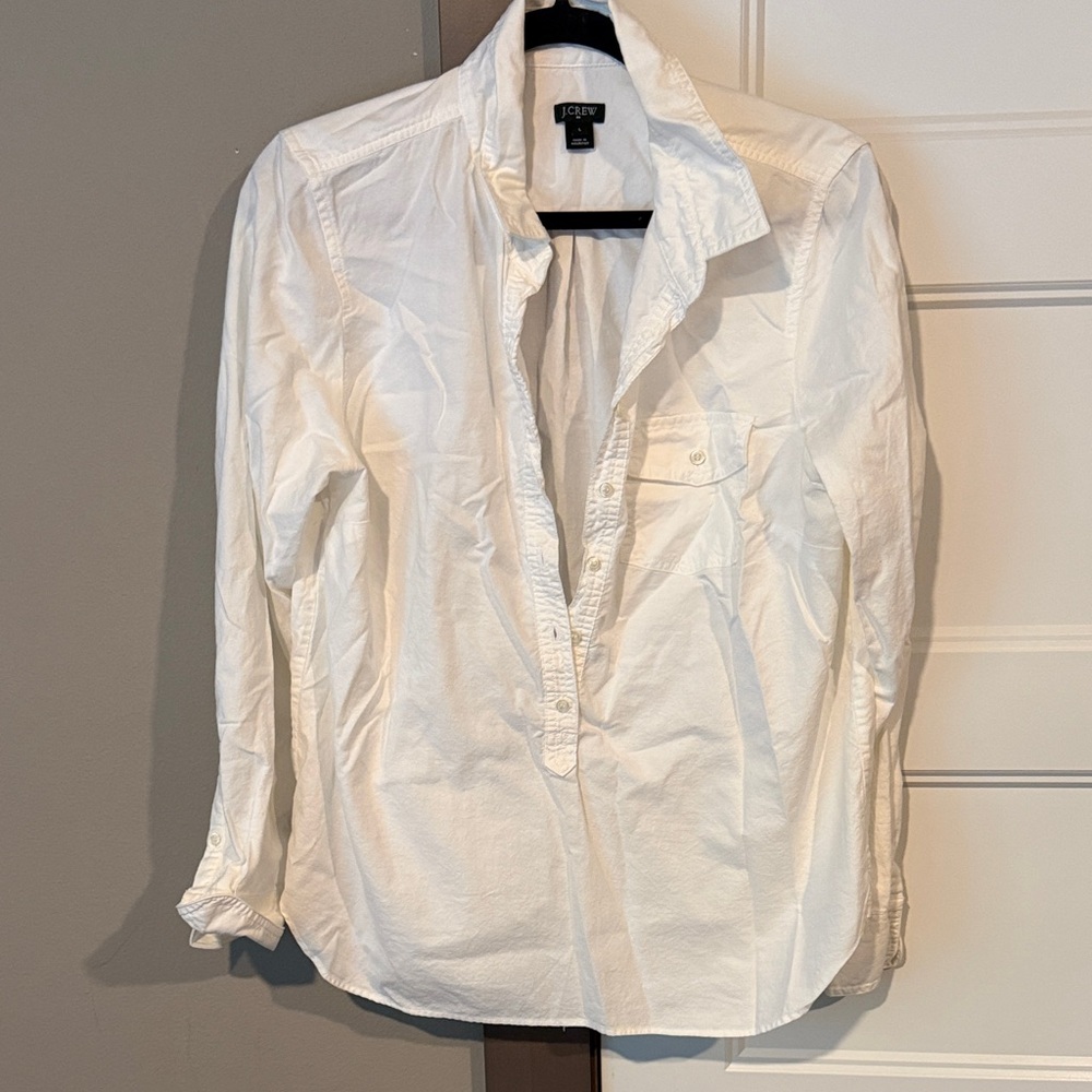 J. Crew White Popover Button-Down Shirt with Chest Pocket
